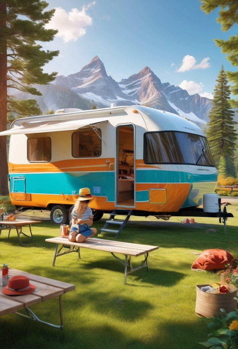 A vibrant outdoor scene showcasing a family enjoying a sunny day by their RV, applying protective sunblock. In the background, a lush campsite is visible with trees and mountains, while colorful tubes of sunblock are spread out on a picnic table. The sun shines brightly, casting a warm glow over the scene, emphasizing the importance of sun protection. Playful children can be seen wearing hats and sunglasses, embodying outdoor adventure. super-realistic. vibrant colors. 3D.