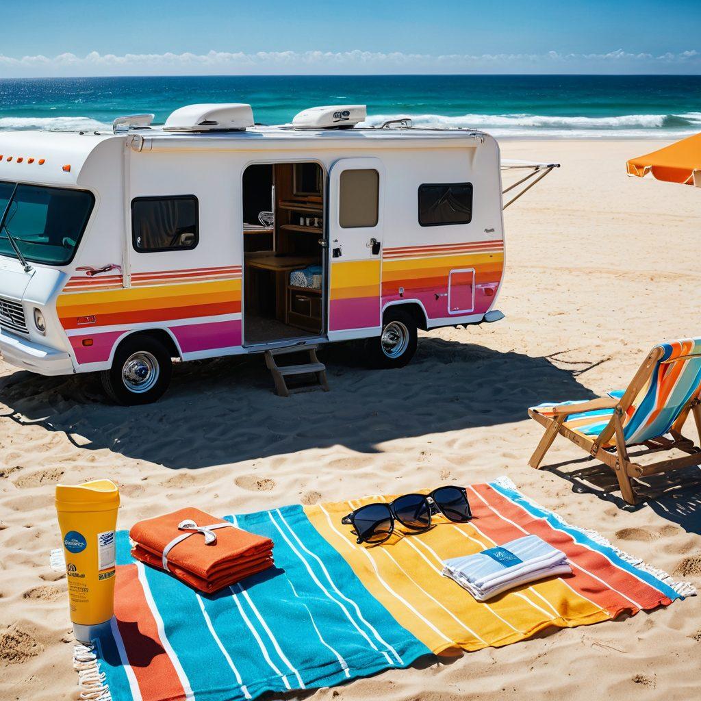 A picturesque RV parked beside a sunny beach, surrounded by various sunblock products displayed on a picnic table. Include vibrant beach accessories, like colorful towels and sunglasses, with sunlight shimmering off the ocean waves. Emphasize the importance of sun protection with an infographic overlay highlighting key sunblock features. super-realistic. vibrant colors. beach theme.